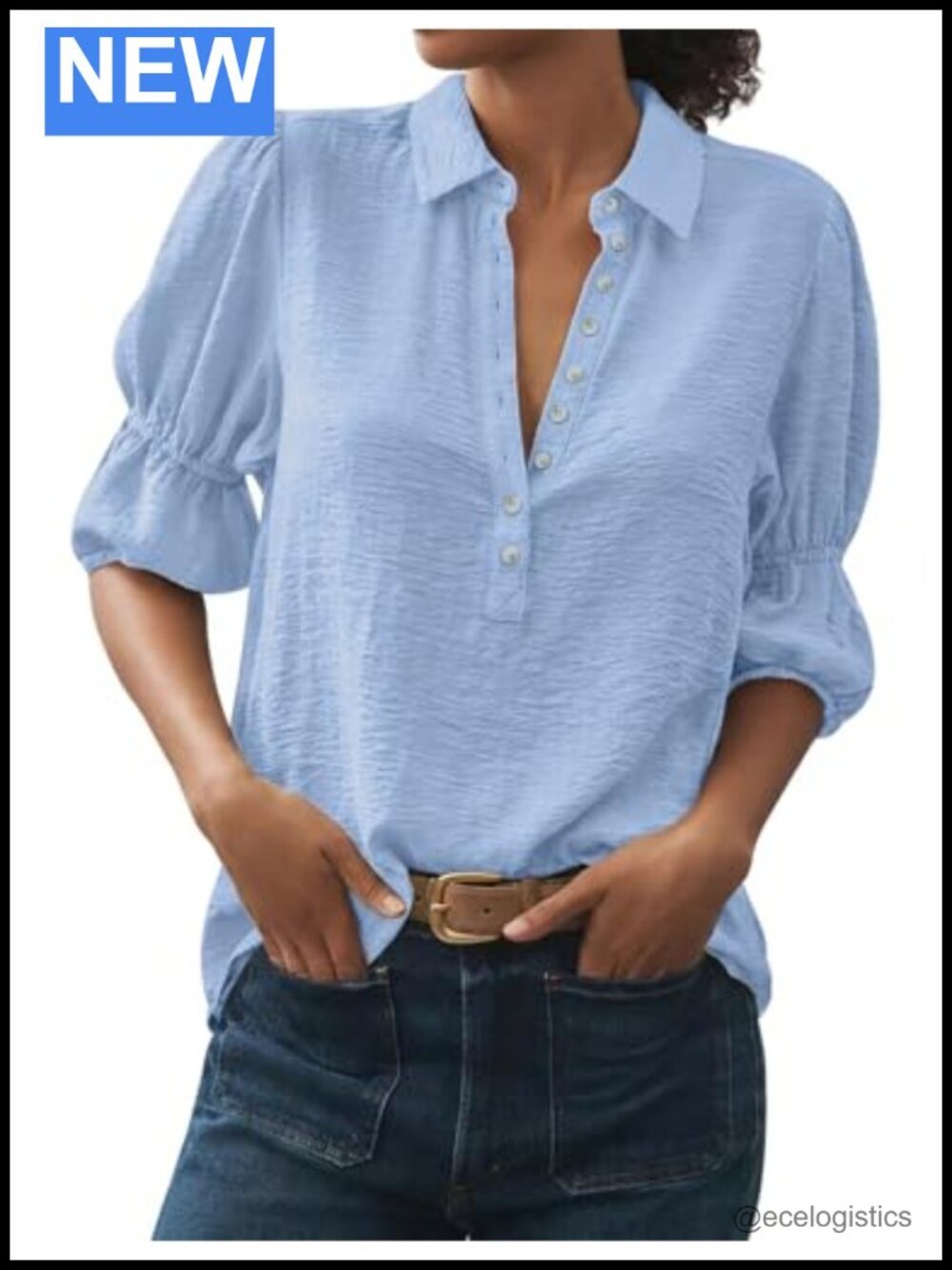 Women Puff Short Sleeve Button Down Shirt Blouse Loose Fit Work Top